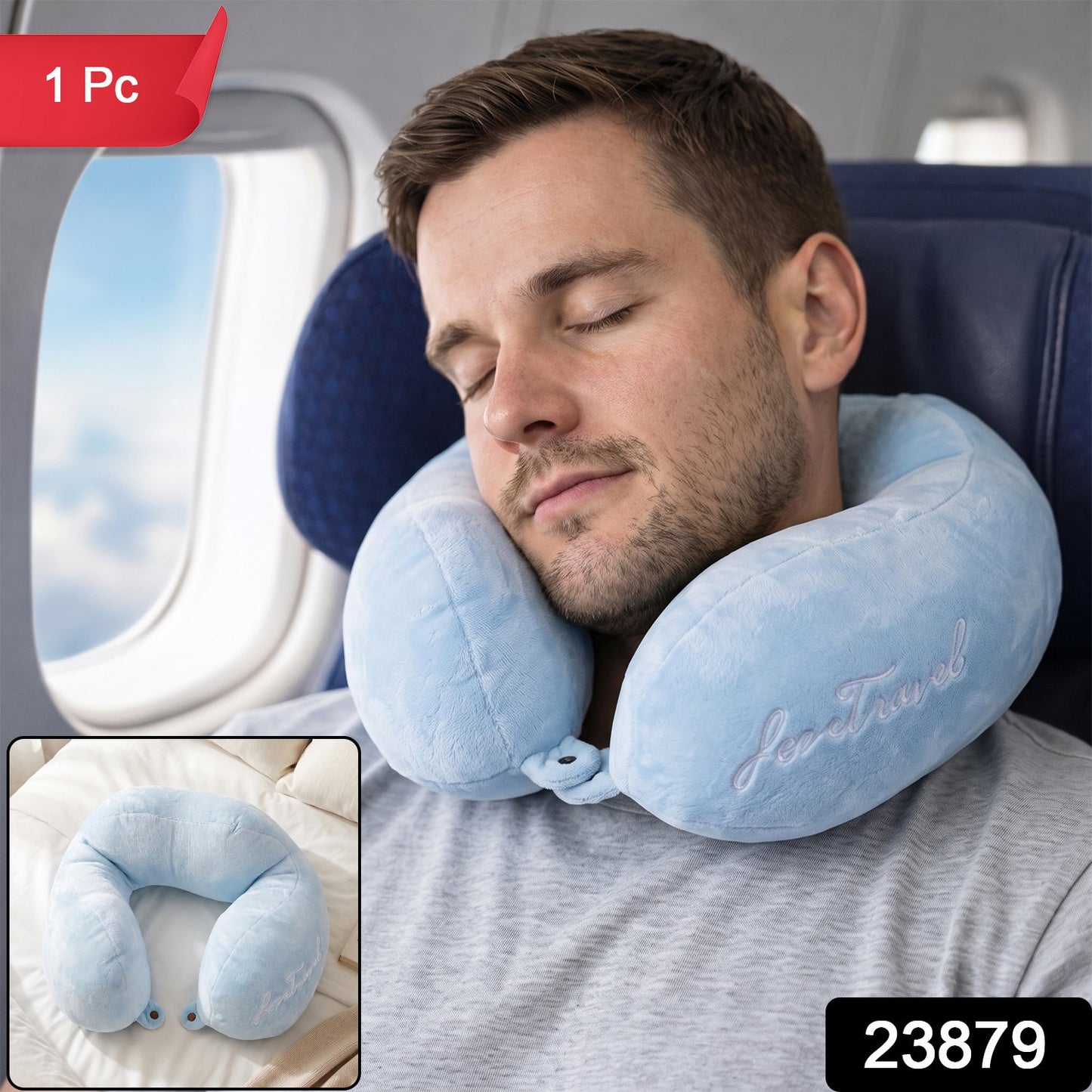 Soft blue plush U shaped pillow for travel comfort